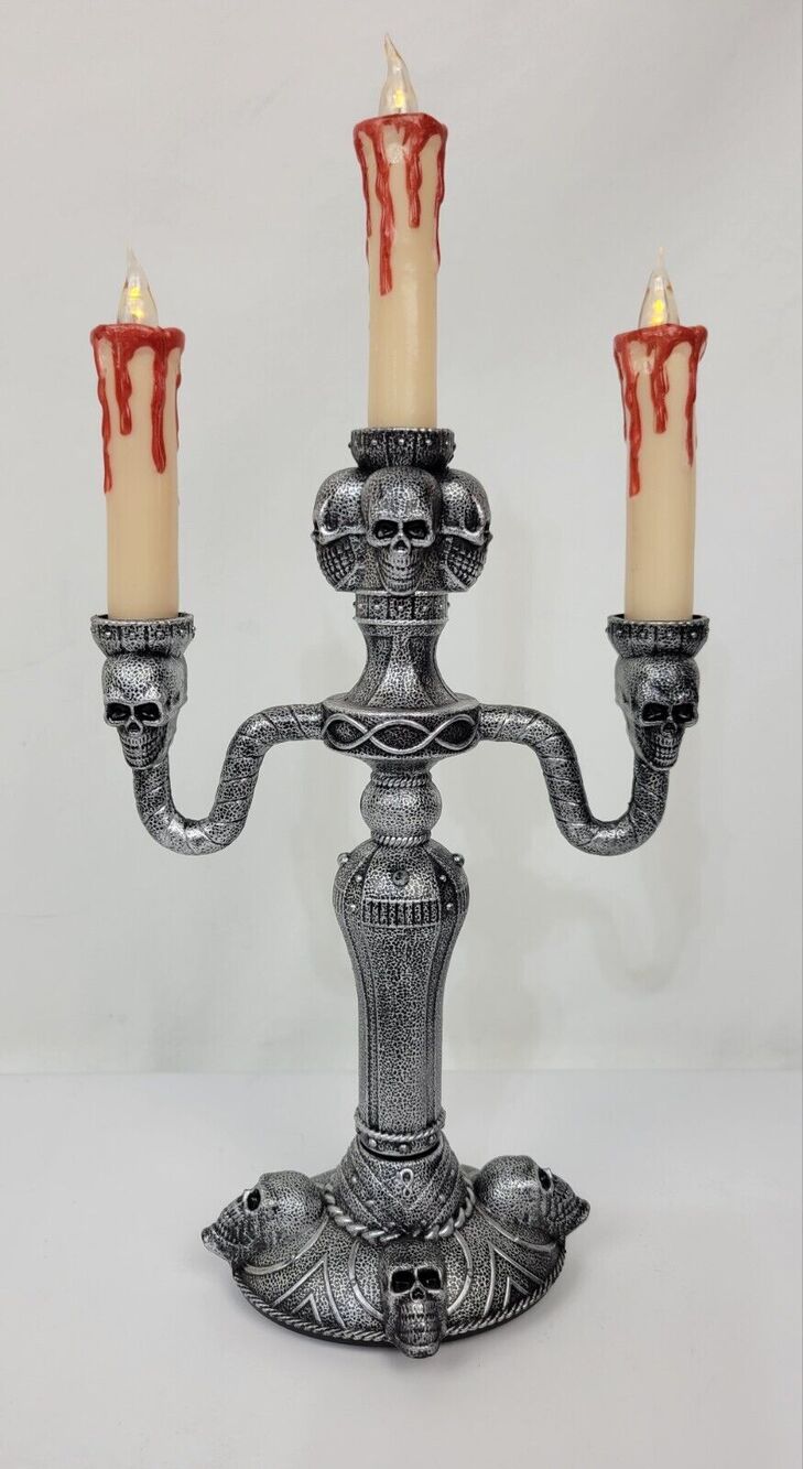 Flicker Light Skull Skeleton 14" Candleabra Dripping Blood Halloween Battery Op